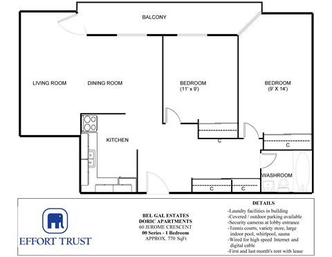 A floor plan of a residence with a living room, dining room, kitchen, two bedrooms, and a balcony.